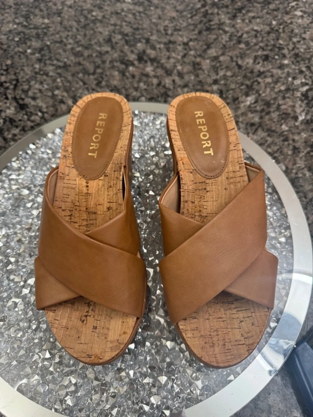 Report Basil deep camel Tan Crisscross Cork Wedge Slides EUC 8